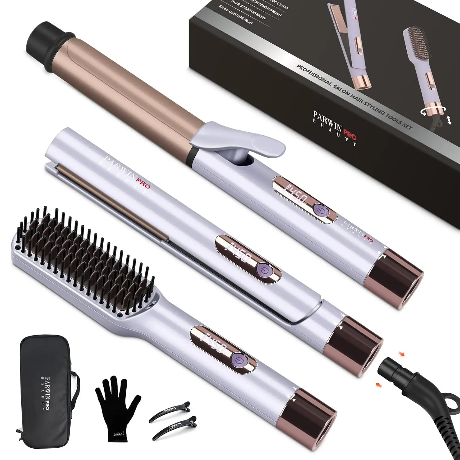 Straightener and Curler PARWIN PRO BEAUTY 1-inch Flat Iron 1.25-inch Curling Iron Straightener Brush with Removable Power Supply 241018