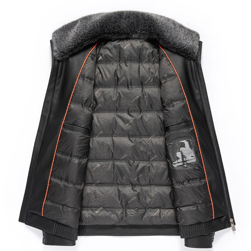 YN-2392 genuine leather down jacket mens winter ferret fur collar filled with 90% white duck down for warmth and high-end fashion 241018
