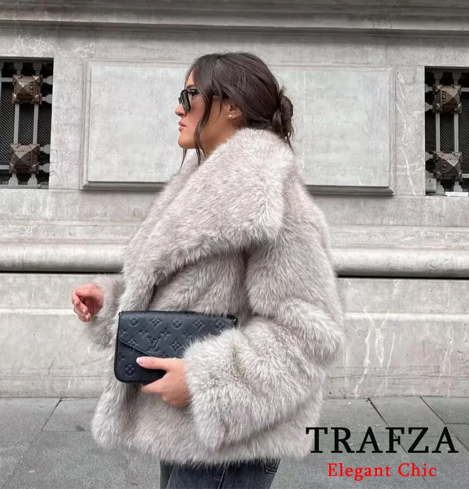 TRAFZA Womens Fashion Winter Solid Big Collar Coat Artificial Fur Coat Jacket Autumn Winter Slow Burgundy Black Grey Coat 241018