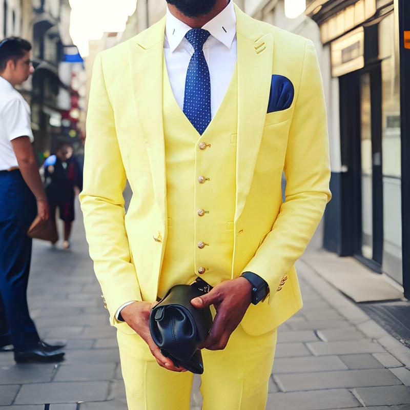 Slim Fit Yellow Men Suits for Wedding Prom Peaked Lapel Groom Tuxedo 3 Piece Custom Jacket Vest with Pants Male Fashion 2025