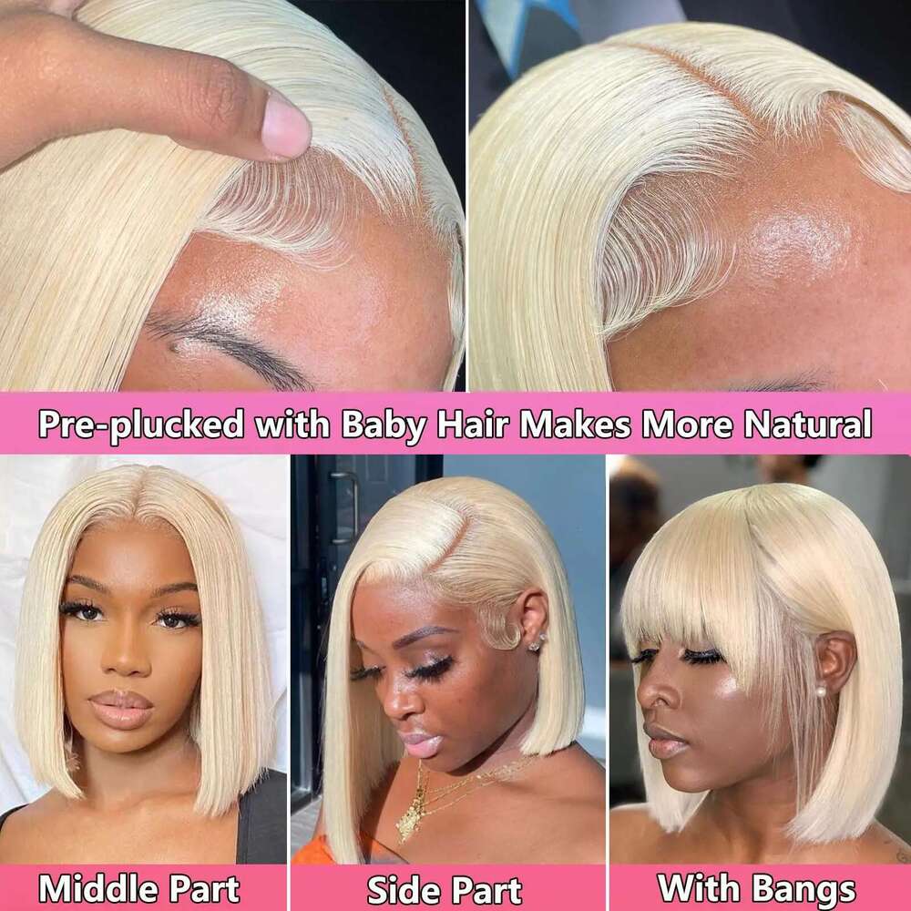 Straight Bob Blonde Wig HD Transparent Lace Pre Pluck No Tangle Shedding Human Hair x Frontal For Women