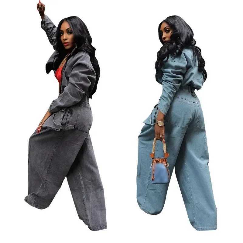 Women's Two Piece Pants Casual loose denim two-piece set womens 2023 autumn zipper high neck crop top elastic waist wide leg cargo pants Y241019N