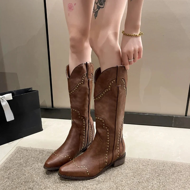 Stud boots for women 2024 low heel denim Chelsea West short leather knee high er Gothic rock shoes retro 241018