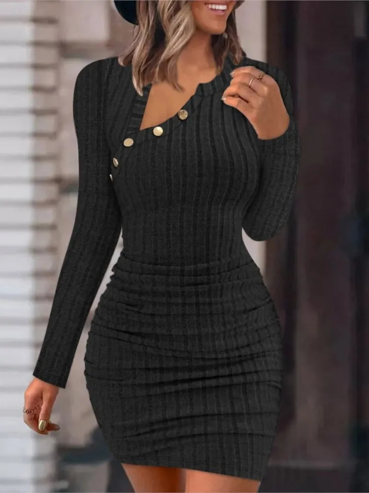 Fall/Winter Solid Color Tight Dress 2024 Elegant Long Sleeve Mini Dress Fashion Womens Round Neck Button Slimming Dress 241017