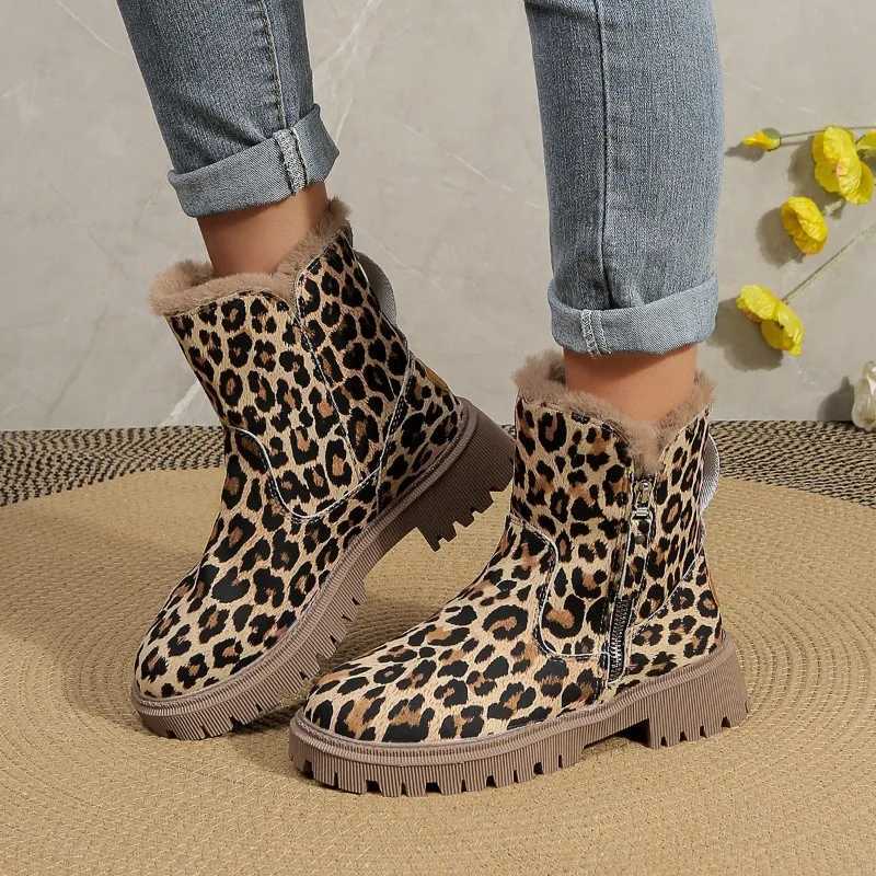 2023 Zipper Womens Boots Fashion Leopard print Daily Boots Womens Hot Selling Round Toe Platform Keep Warm Mid calf Y241019