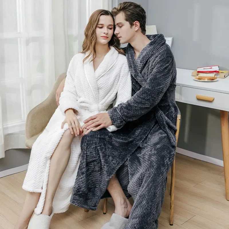 Autumn Winter Thick Flannel Couple Pajamas Nightgown Bath Robe Kimono Bathrobe Fleece Loungewear Sleepwear Warm Robes BeltsXJ241018