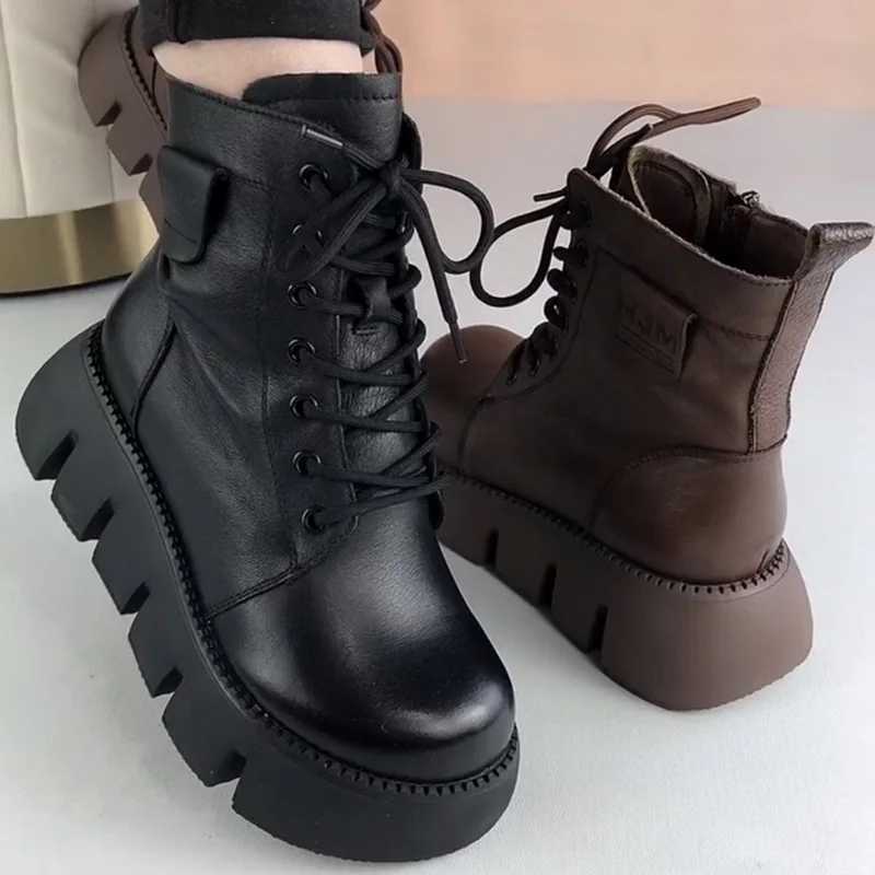 Womens Snow Boots 2024 Winter New Platform Cotton Shoes Retro Black/Brown Round Lace Zipper Modern Motorcycle Boots Y241019