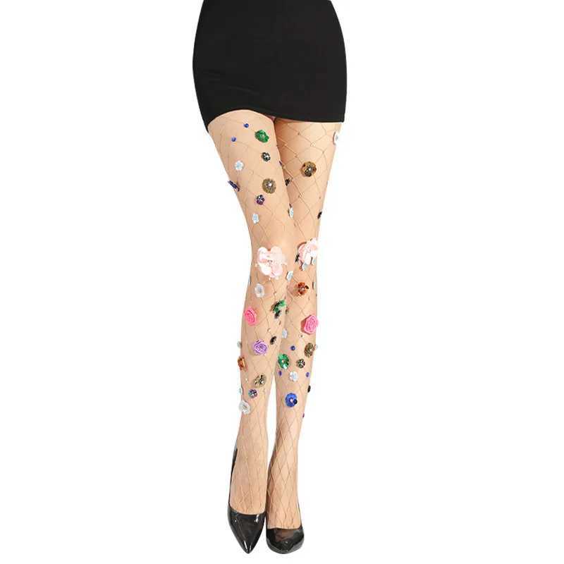 Socks Hosiery 2023 New Sexy Women Fishnet Stocking Handmade Embroidery Flower Stylish Mesh Tights Mesh Stockings Elegant Senior Pantyhose Y2408330NJOS