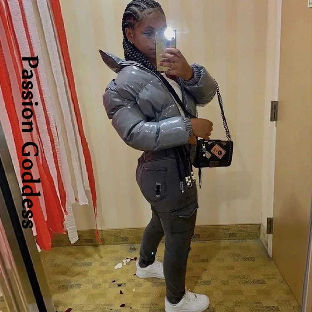 Women's Down Parkas Women Shiny Gray PU Leather Down Puffer Jackets Winter Glossy Leather Bubble Coats Thick Parkas Down Zipper Puffy Jacket Park