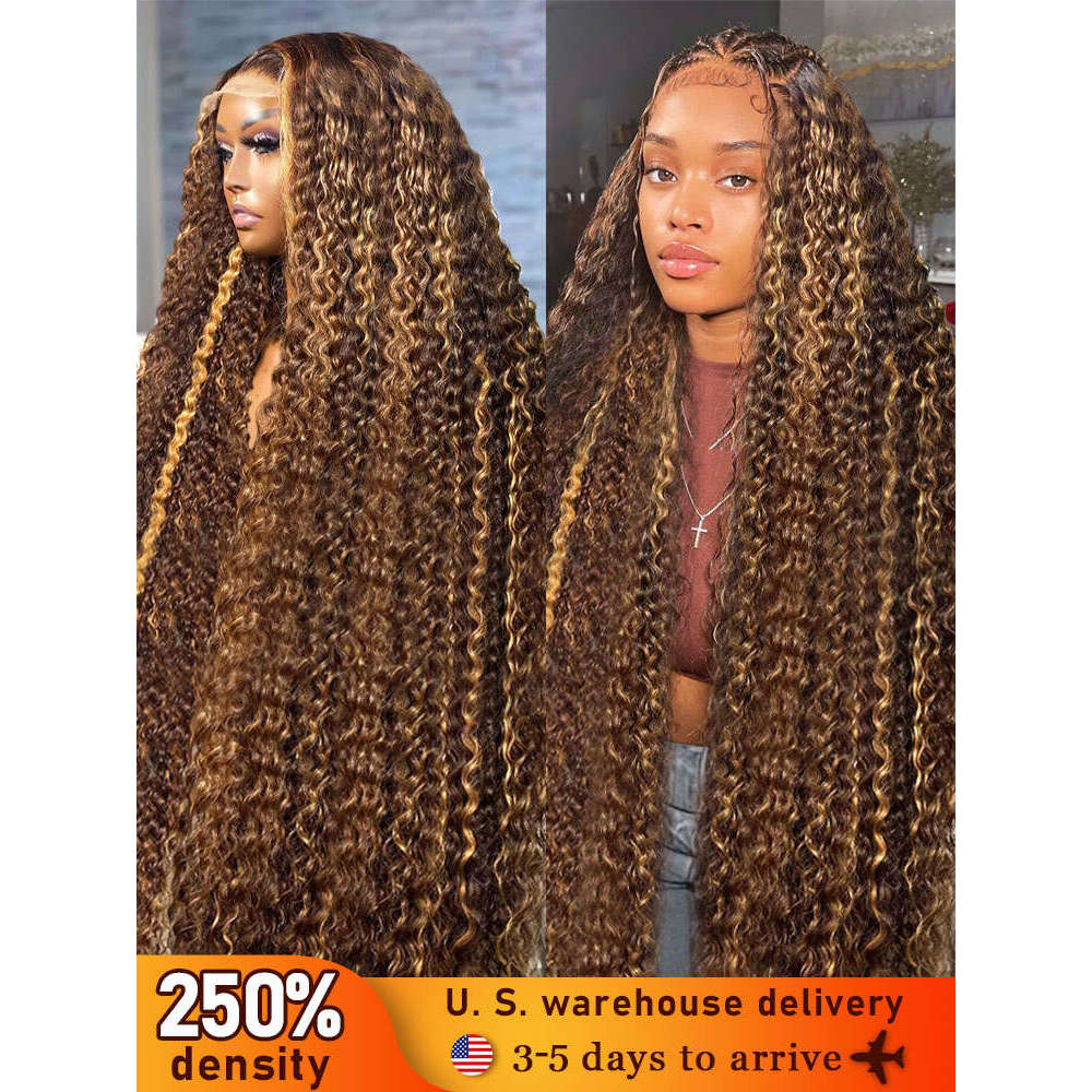 30 32 Inch Highlight Honey Brown Curly Front Human Hair Wigs 13x6 13x4 Ombre Colored Deep Wave Lace Frontal Wig