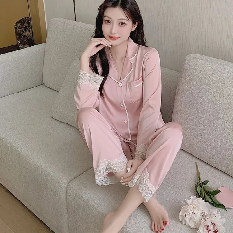 Spring and summer silk soft sleepwear set for women lace lapel cardigan set for women 2-piece set sweet pink womens sleepwear 241009