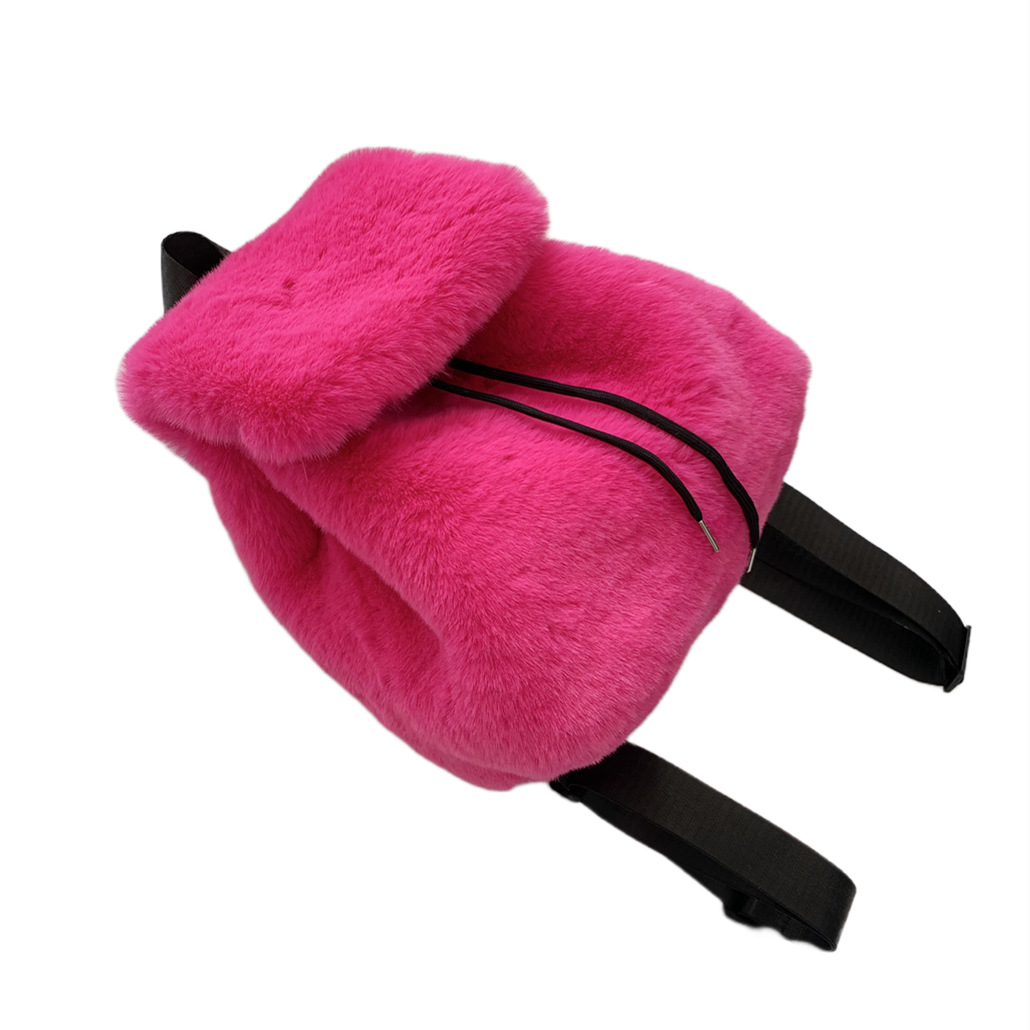 Y2K bags Hot Pink Color Mini Backpack Retro Fuzzy Purse Plush Kawaii Drawstring Bag for Women Girls