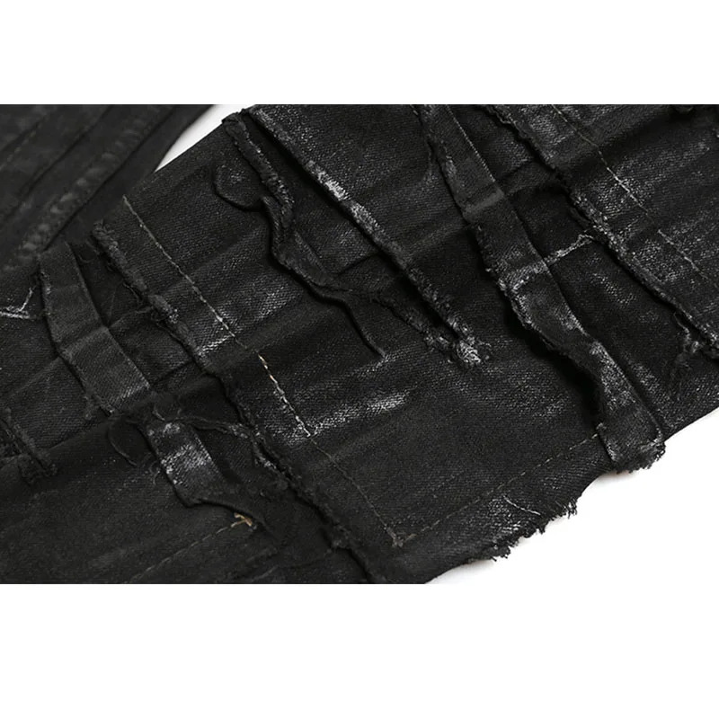 Dark Coating Wax Brushing Erosion Hole Jeans Men Ripped Casual Denim Pants Street Hip Hop Black Trousers 241010