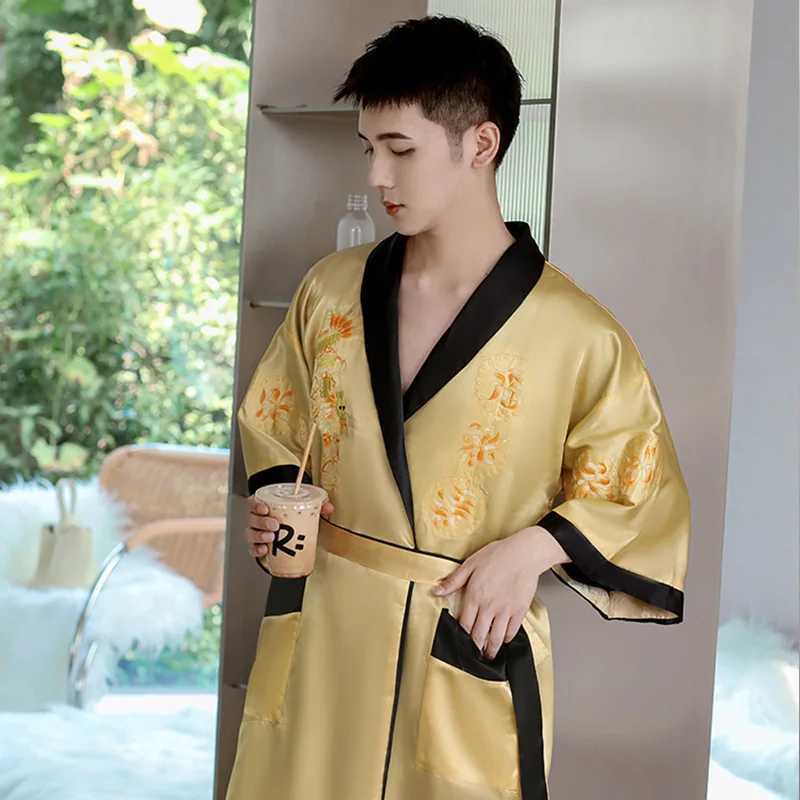 Chinese Style Satin Kimono Mens Lapel Mid Length Sleepwear New Spring Summer Bathrobe Nightwear Male Intimate Lingerie HomewearXJ241018