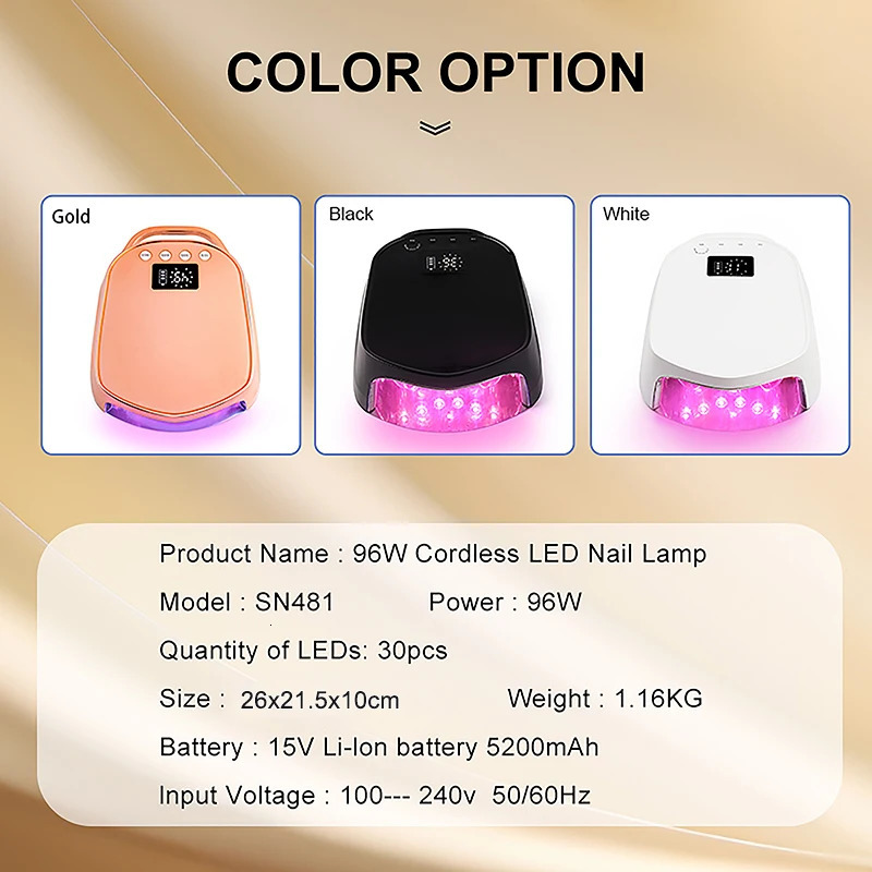 96w Gradient Gold Pro red light cordless LED nail light rechargeable battery UV LED nail light curing cordless LED nail light curing gel 241018