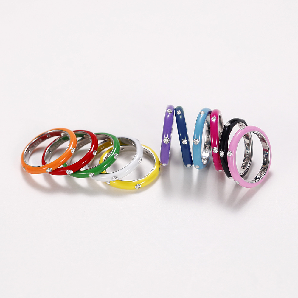 Ring enamel oil drop rainbow color single stone ring women's minimalist zircon ring candy color diamond ring exquisite gift