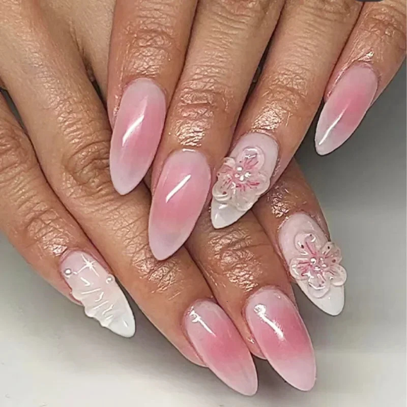 24pcs Short Almond Press on Nails 3D Flower Butterfly Nails with Glue Colorful Natural Acrylic False Nails Full Cover Nails 241007