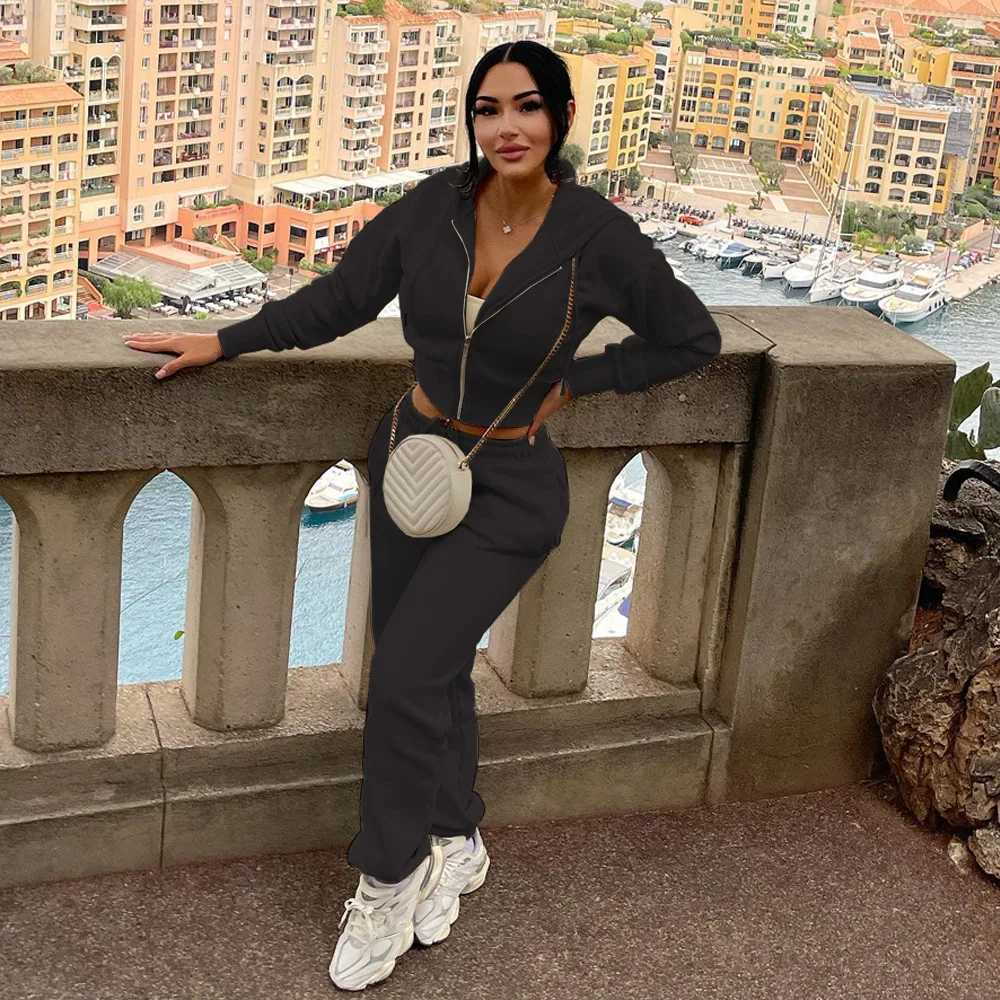 Women's Two Piece Pants Sexy crop jacket two-piece pants set runner womens winter track and field outfit elegant clothing hoodie 2-piece pants se