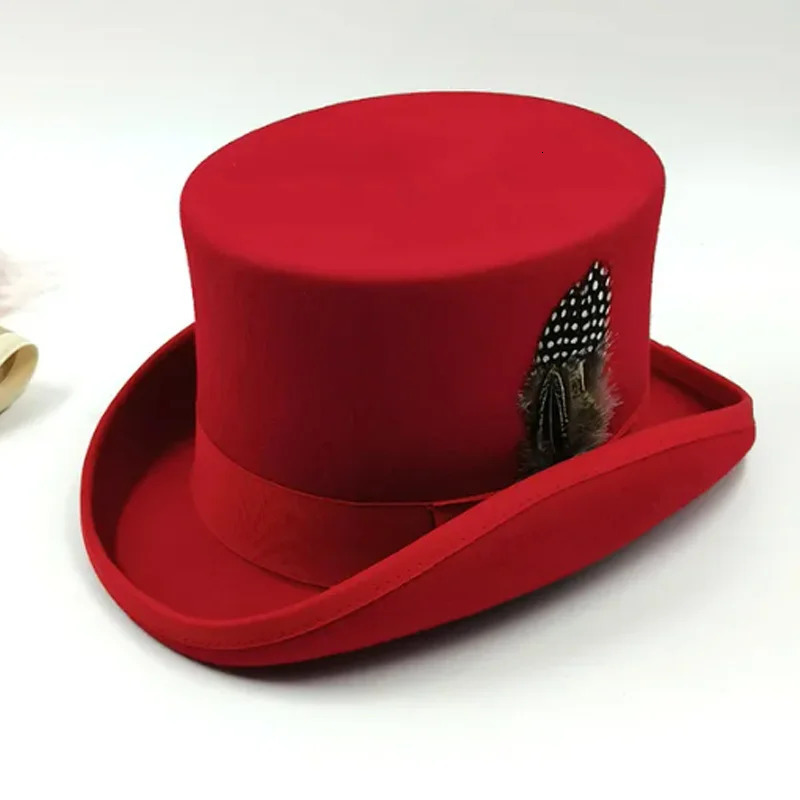 Fedoras wool feather magic high hat British black jazz top hat mens flat head hat Webbing sombrero de copa Britanico 241018