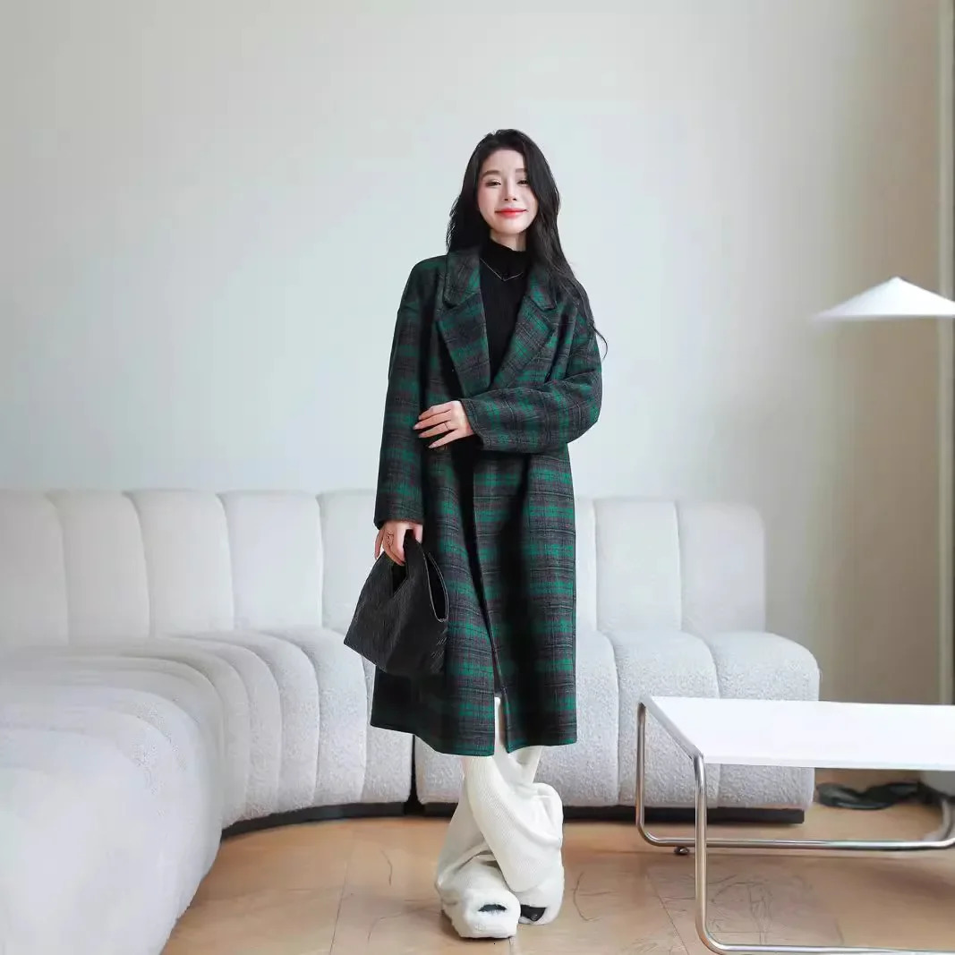 Green plain double-sided wool coat for women autumn and winter mid length knee simple plain wool coat free delivery 241019