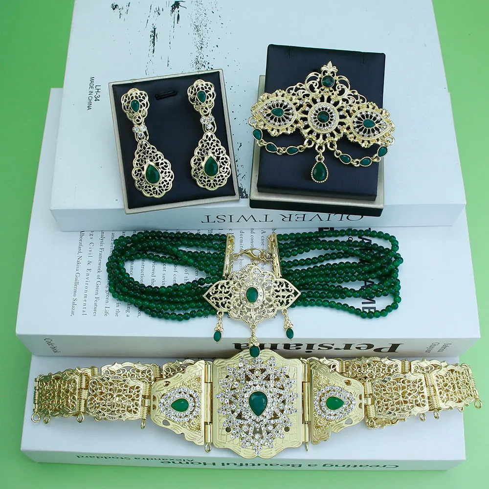 Sunspice Moroccan Bridal Wedding Jewelry Set Womens Gold Arabian Kaftan Belt Brooch Bead Necklace Earrings 241018