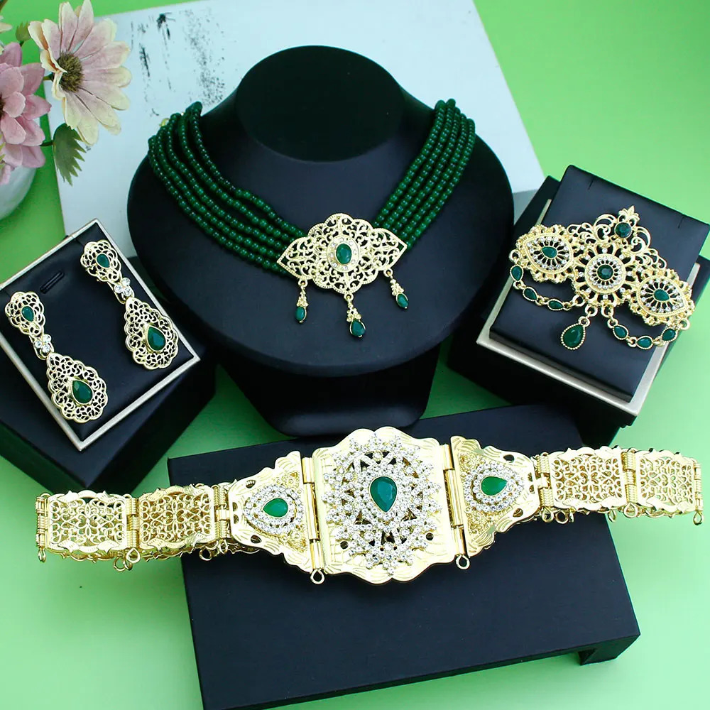 Sunspice Moroccan Bridal Wedding Jewelry Set Womens Gold Arabian Kaftan Belt Brooch Bead Necklace Earrings 241018