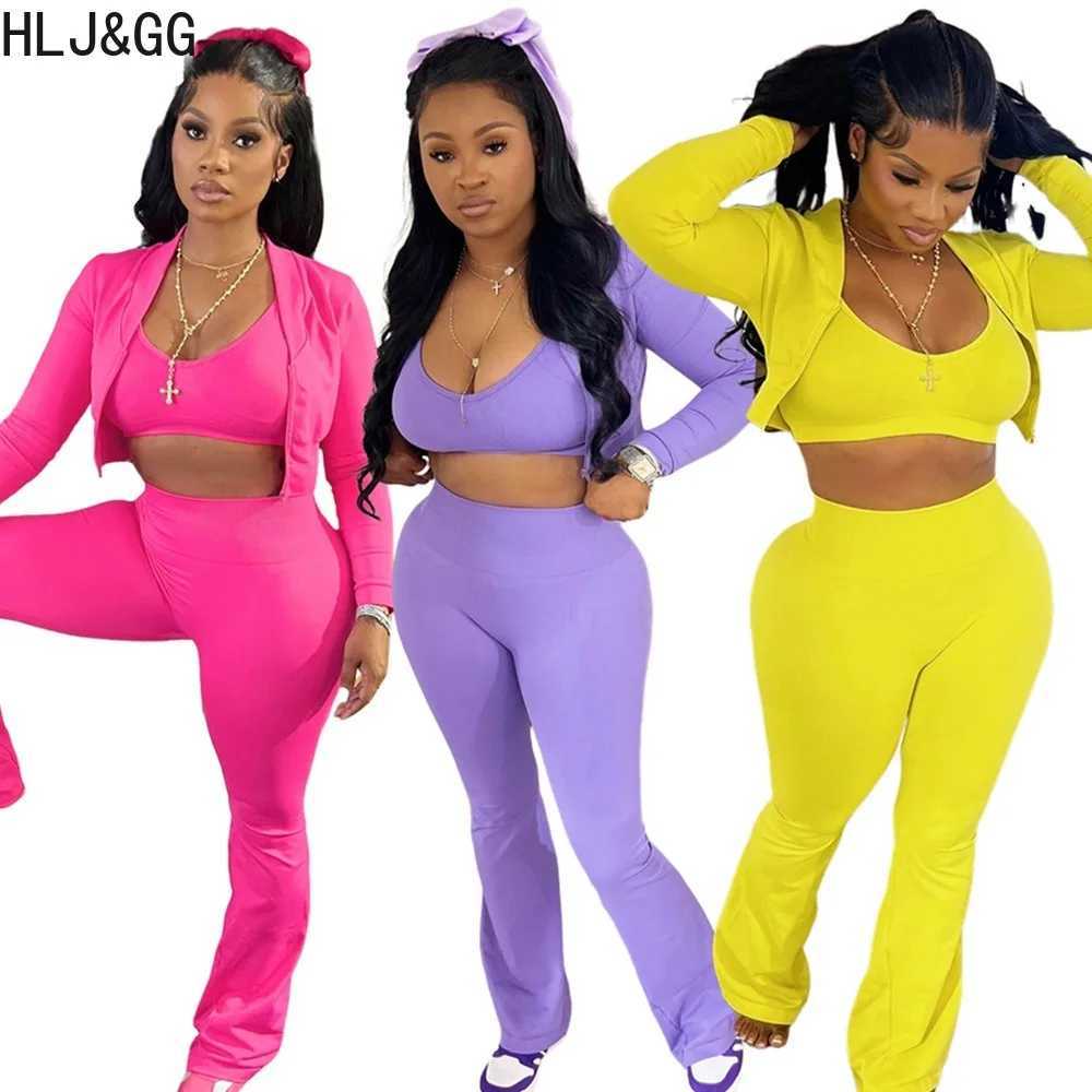 Women's Two Piece Pants HLJ GG Fashion Solid Tight 3-Piece Set Womens Low Cut Tank Top+Long Sleve Coat+Pants Set Casual Womens Sportswear Y241019
