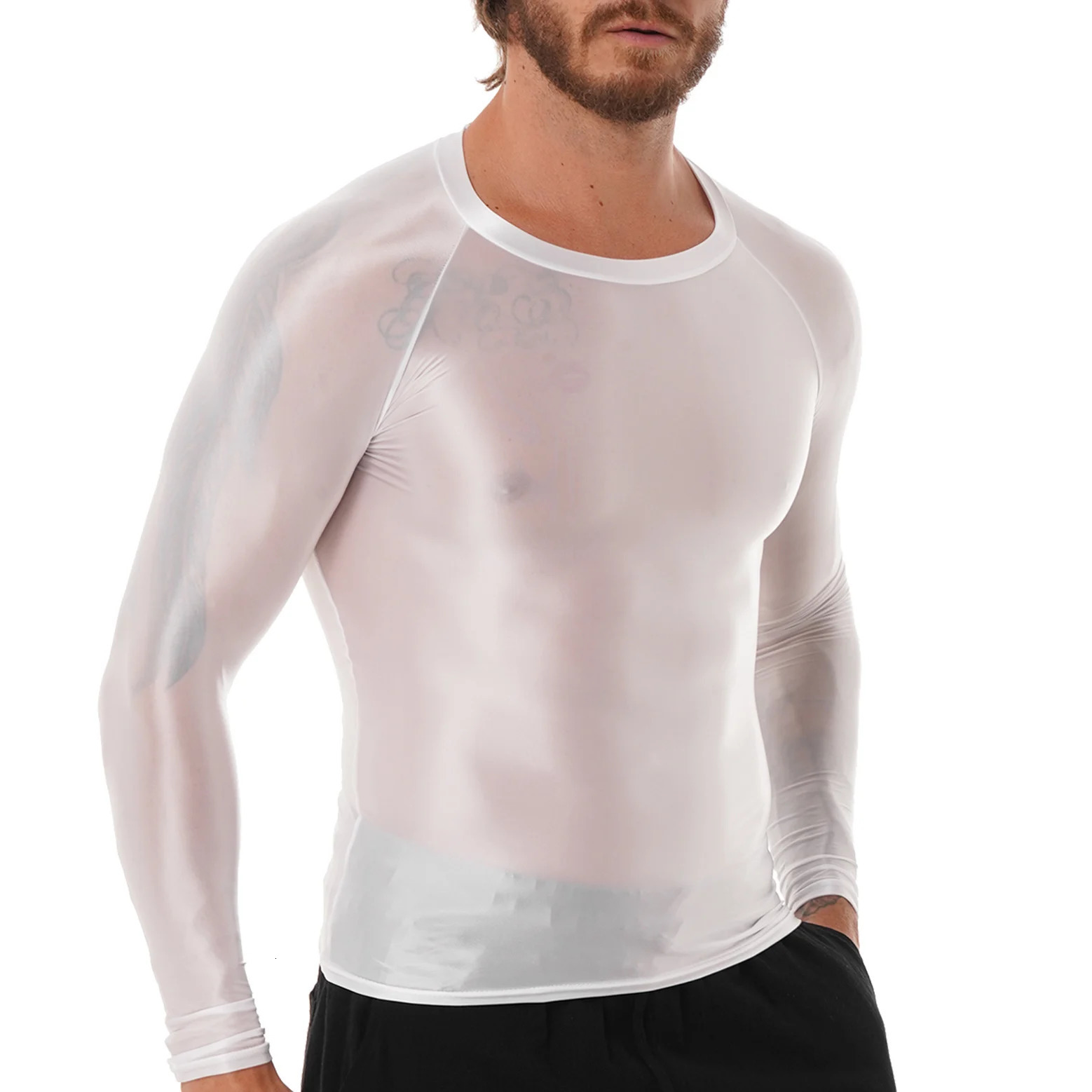 Mens clothing smooth O-neck long sleeved T-shirt solid color slim fit breathable shirt top gym jogging yoga sportswear 241018