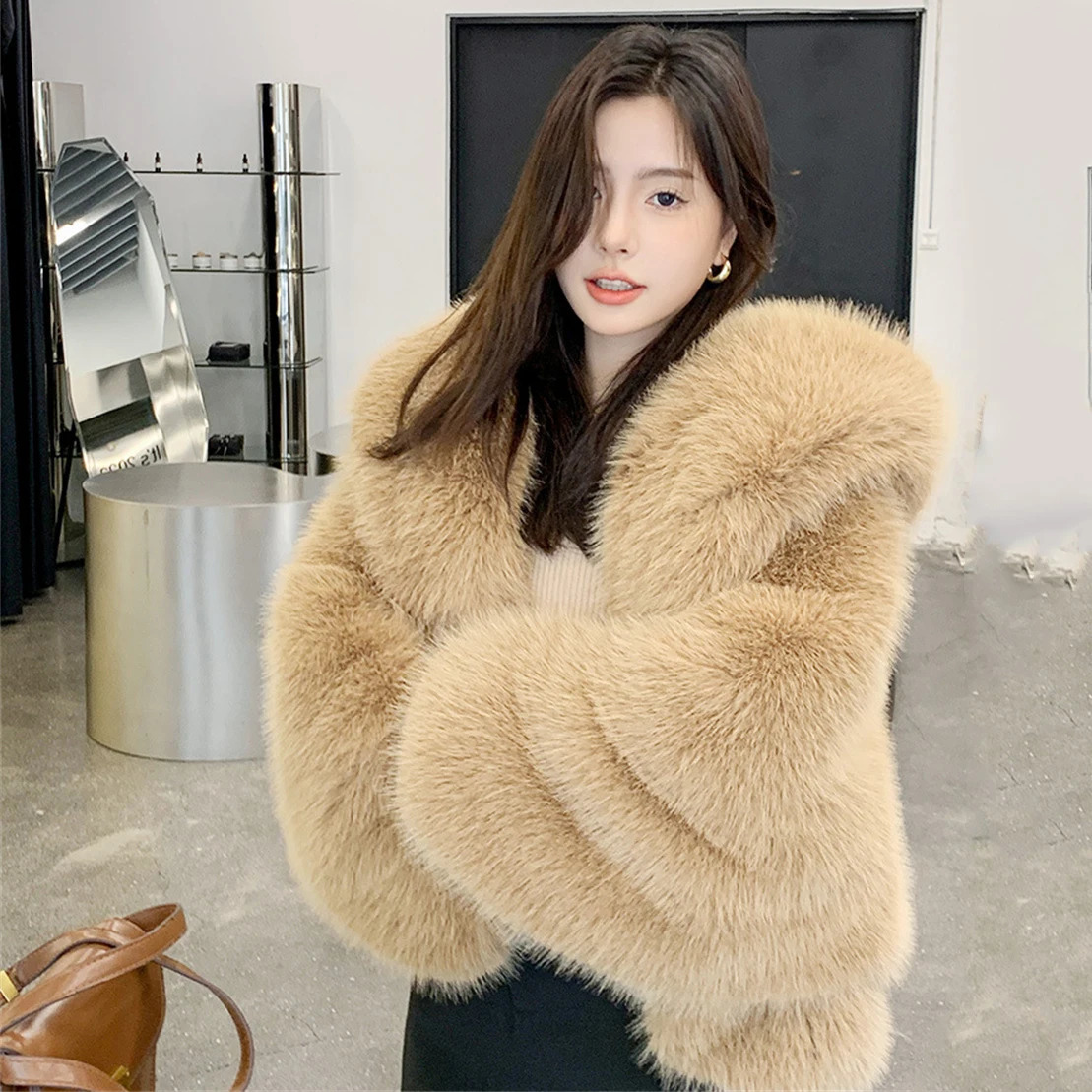 Winter Womens Thick Coat Artificial Fur Autumn Winter Collar Hat Fur Coat Womens Unique Long Sleeve Crop Extra Large Warm Coat 241018