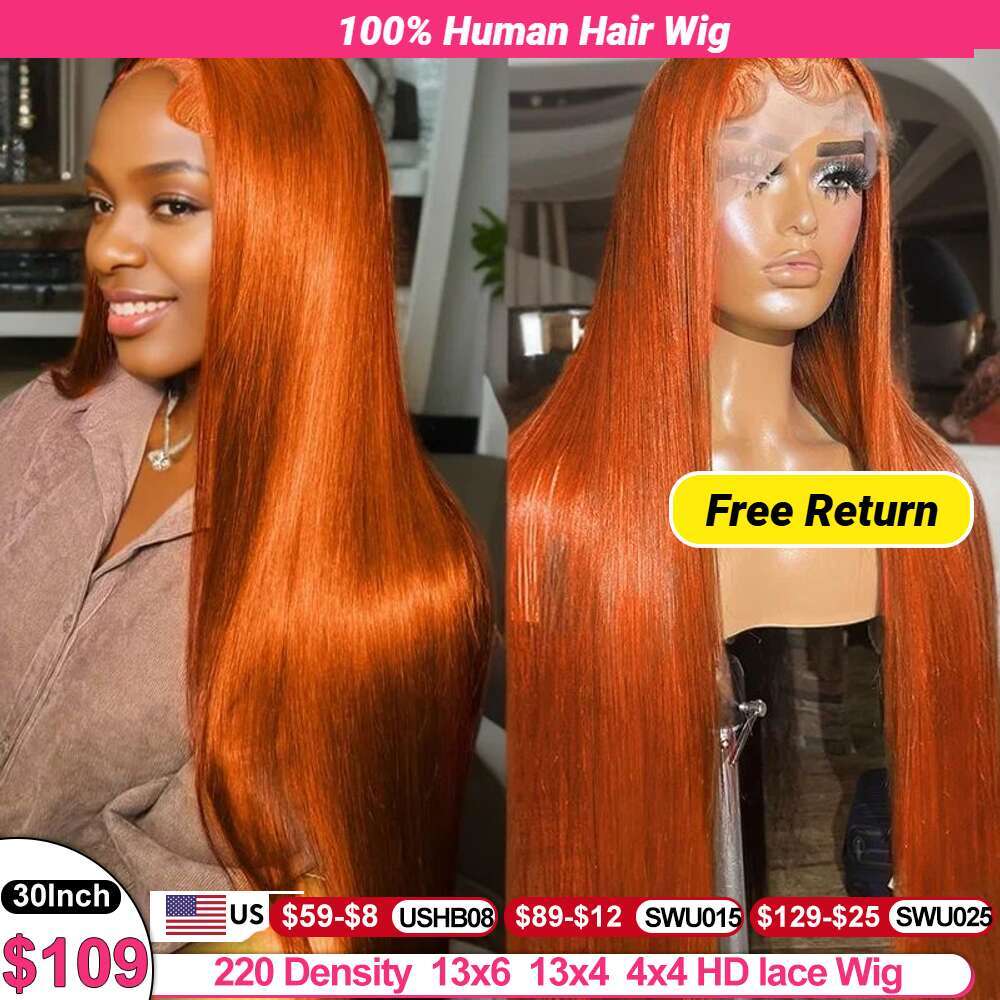 Remy 200 Density Transparent 13x6 HD Frontal Straight Lace Front Wigs Human Hair Ginger Orange Black Wig Witout Glue