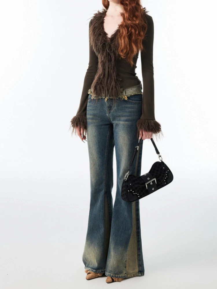 Korean Sexy Fashion Grunge Cardigan Y2k Aesthetic V-neck Jacket Women Harajuku Vintage Bandage Fur Patchwork Coat 2024 Autumn 241010