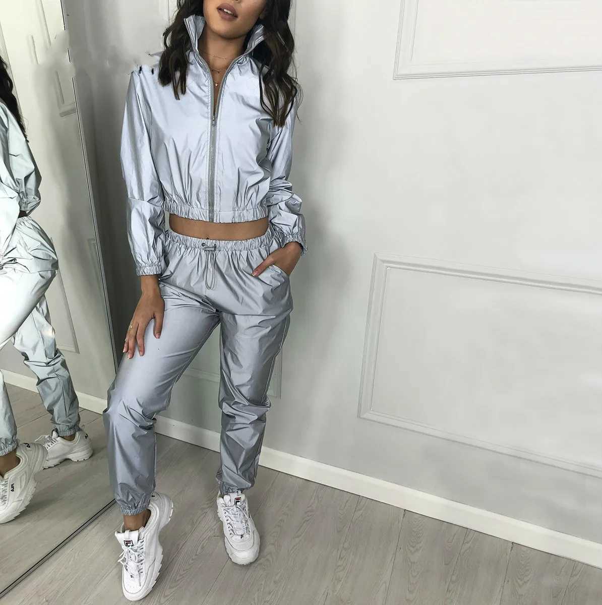 Womens Two Piece Pants Womens Track and Field Clothing 2piece Hip Hop Reflective Crop Top Fashion Womens Loose Zipper Windproof Jacket Coat Matching S
