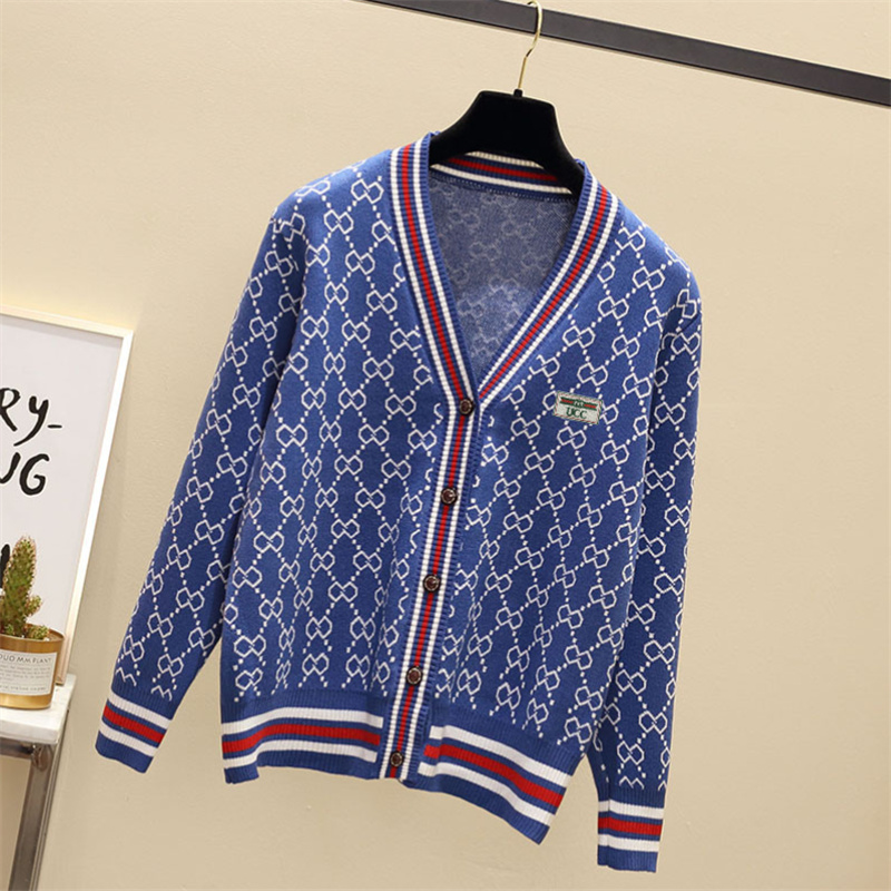 Luxury 2024 Brand Autumn Fashion Women Knitwear Embroidery Logo Sweater Designer Loose V-neck Grid Knit Women's Cardigan Sweaters Jacket Asian Size S-4XL