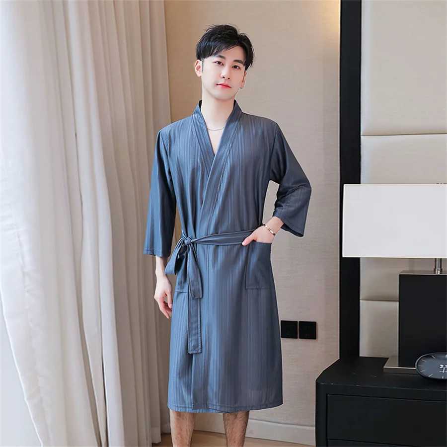 Men Kimono Bath Robes Pajamas 2024 New Summer Bathrobe Solid Sleepwear Three Quarter Sleeve Dressing Gown Mens LoungewearXJ241018