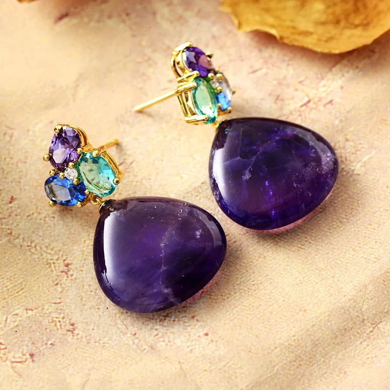 Luxury gold-plated amethyst stud pendant female earring designer fashionable and elegant jewelry 241018