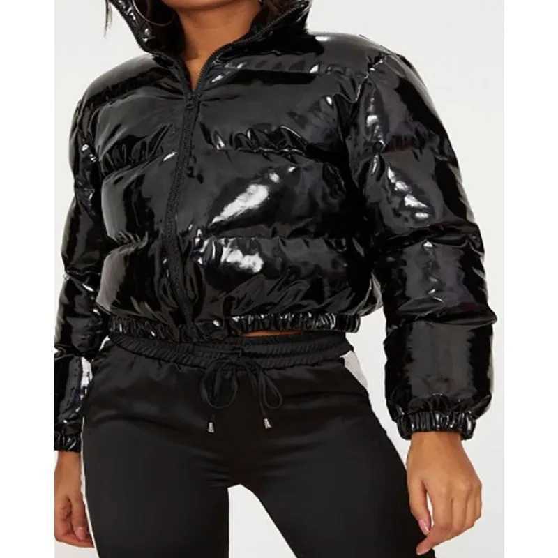 Women's Down Parkas Cropped Stand Collar Puffer Coats for WomenLong Slve ParkaThick JacketsShort ZippersGlossy BubbleWarmWinter Fashio Y241019Q38