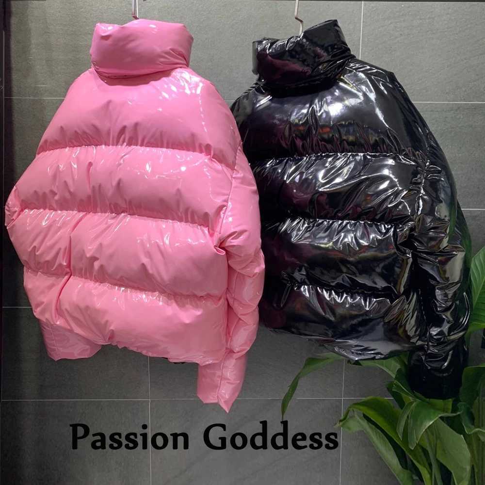 Women's Down Parkas Winter Women Bright PU Puffer Jacket Thick Bubble Coat Zipper Glossy Leather Down Parka Outerwear Stand Collar Loose Jacket Y