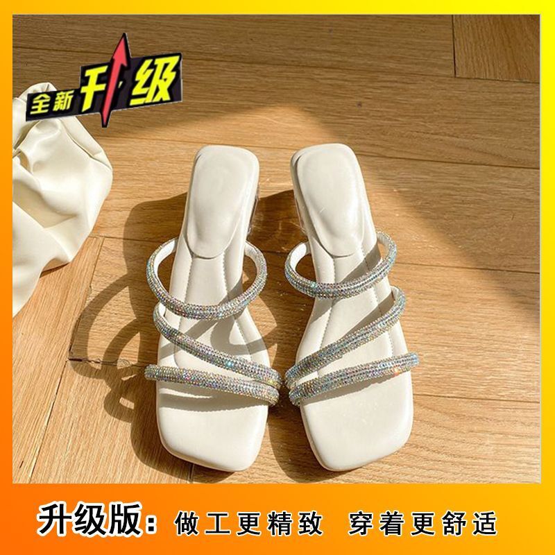 Summer New Outwear Square Headed Open Toe High One Piece Tug Girl Elegant Rhinestone With Skirt And Thin Heel Sandals Ddmywed ddmythur