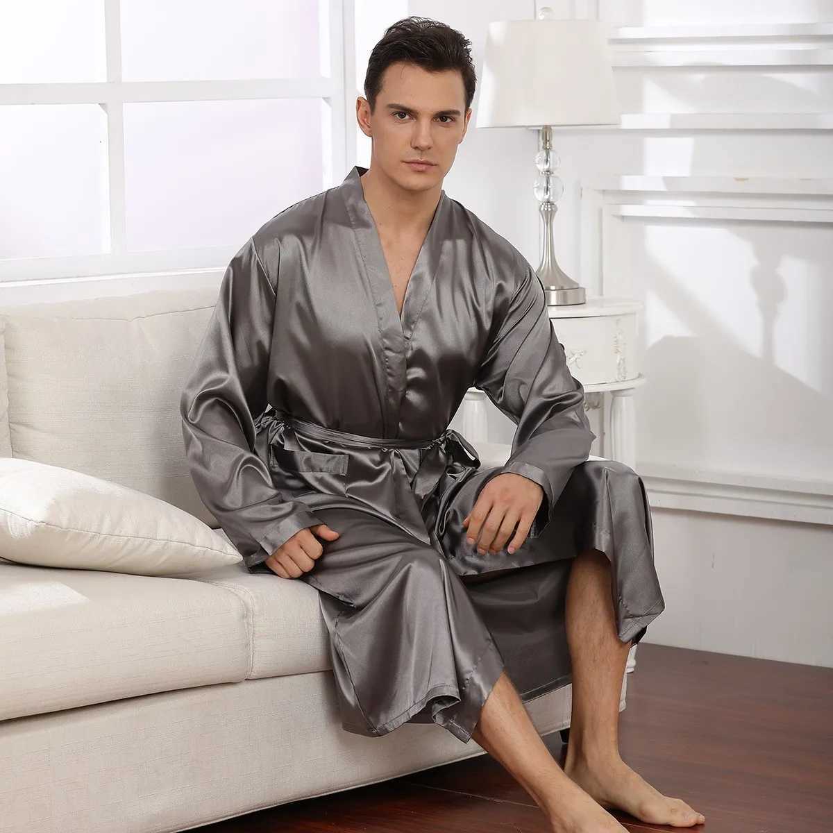 Loose Men Robe Sexy Male Summer New Sleepwear Bathrobe Satin V-Neck Kimono Bath Gown Long Casual Nightgown Intimate LingerieXJ241018