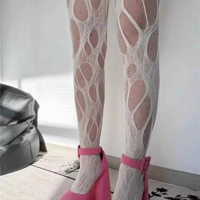Socks Hosiery Women Sexy Stockings White Lace Broken Hole Fishnet Socks Black Tights Woman Large Mesh Hollow Pantyhoses Fishnets Gothic Y2408330Z320
