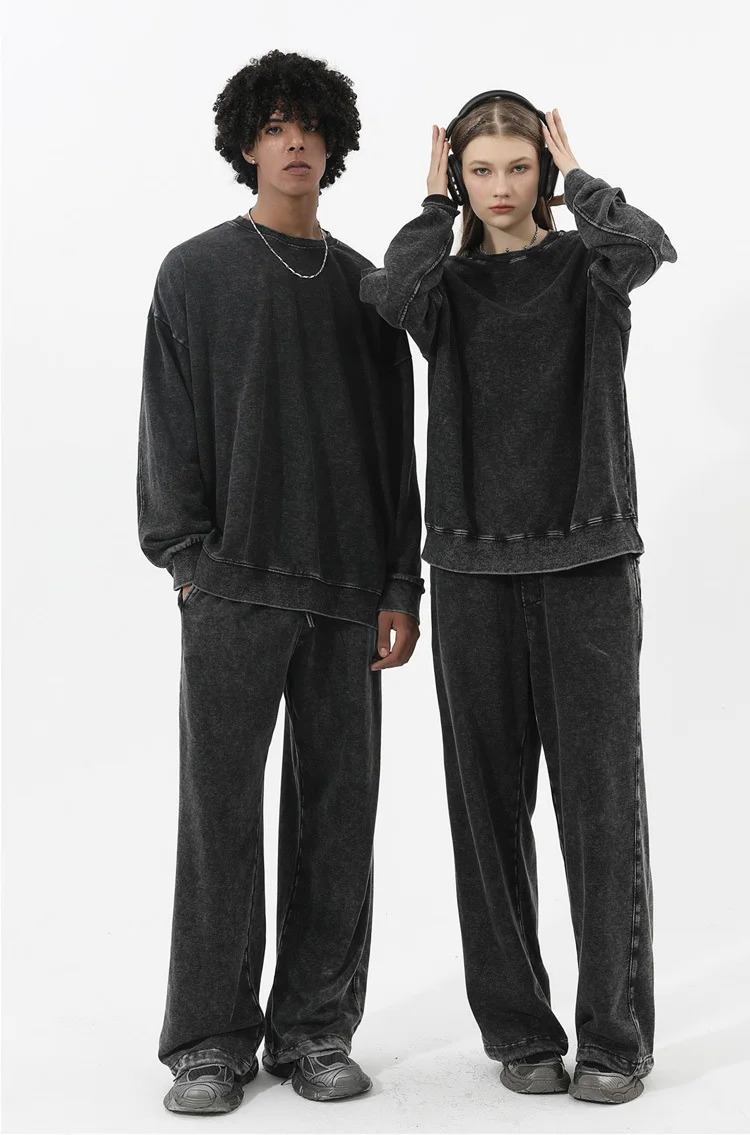 DIY Custom Cotton Washed Hoodie Zipper Sweatshirt Pants Tracksuit Men Women Retro Loose Distressed HipHop Oversized Big 241019