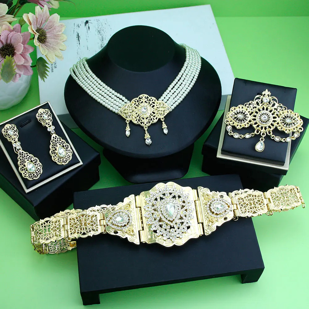 Sunspice Moroccan Bridal Wedding Jewelry Set Womens Gold Arabian Kaftan Belt Brooch Bead Necklace Earrings 241018