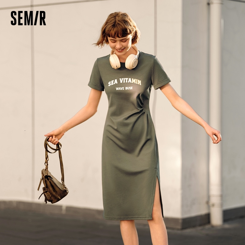 Semir Women Vintage Casual Midi 2024 Summer New Letter Print Split T-Shirt Dress