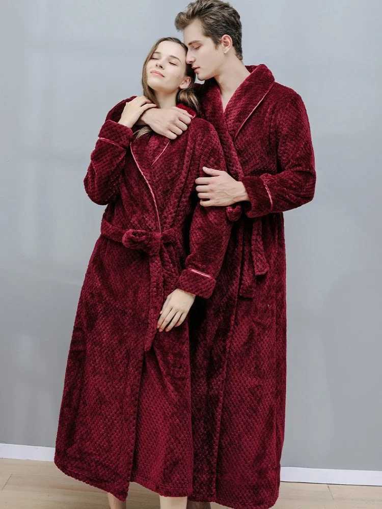Autumn Winter Thick Flannel Couple Pajamas Nightgown Bath Robe Kimono Bathrobe Fleece Loungewear Sleepwear Warm Robes BeltsXJ241018