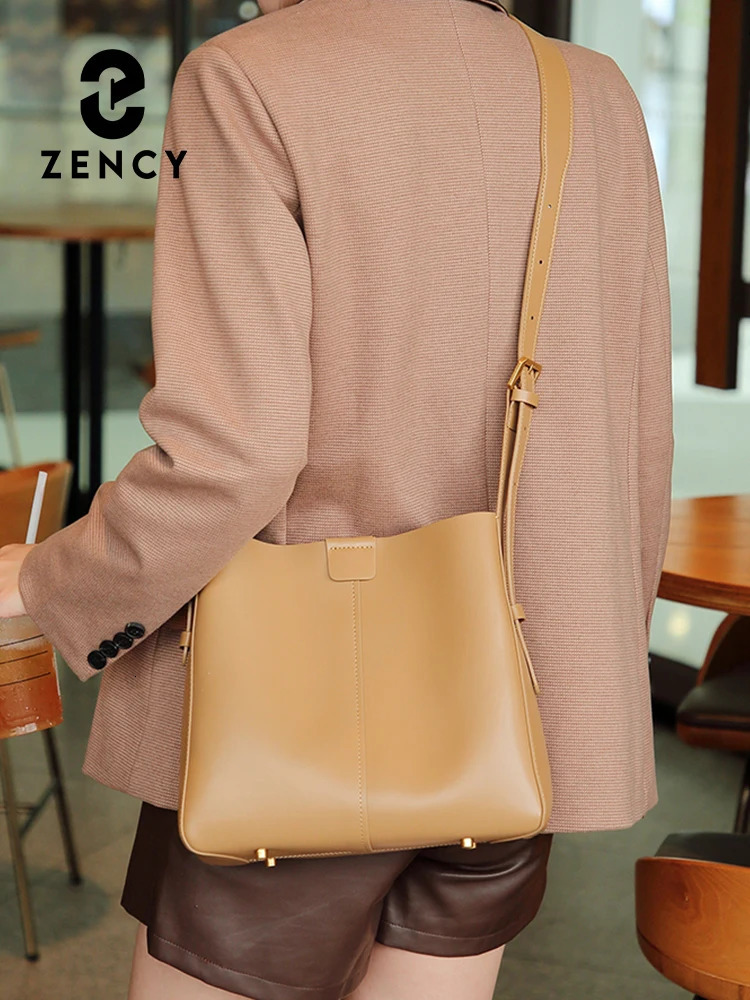 Zency Womens Split Leather Handbag er Bucket Bag Handbag 2024 Womens Shoulder Composite Bag Horizontal Shopping Bag 241018