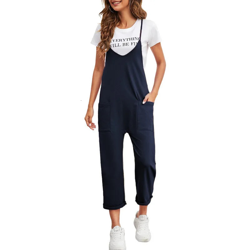 2024 Spring Womens Casual Pocket Pants Solid Loose Strap Straight Jumpsuit 241007