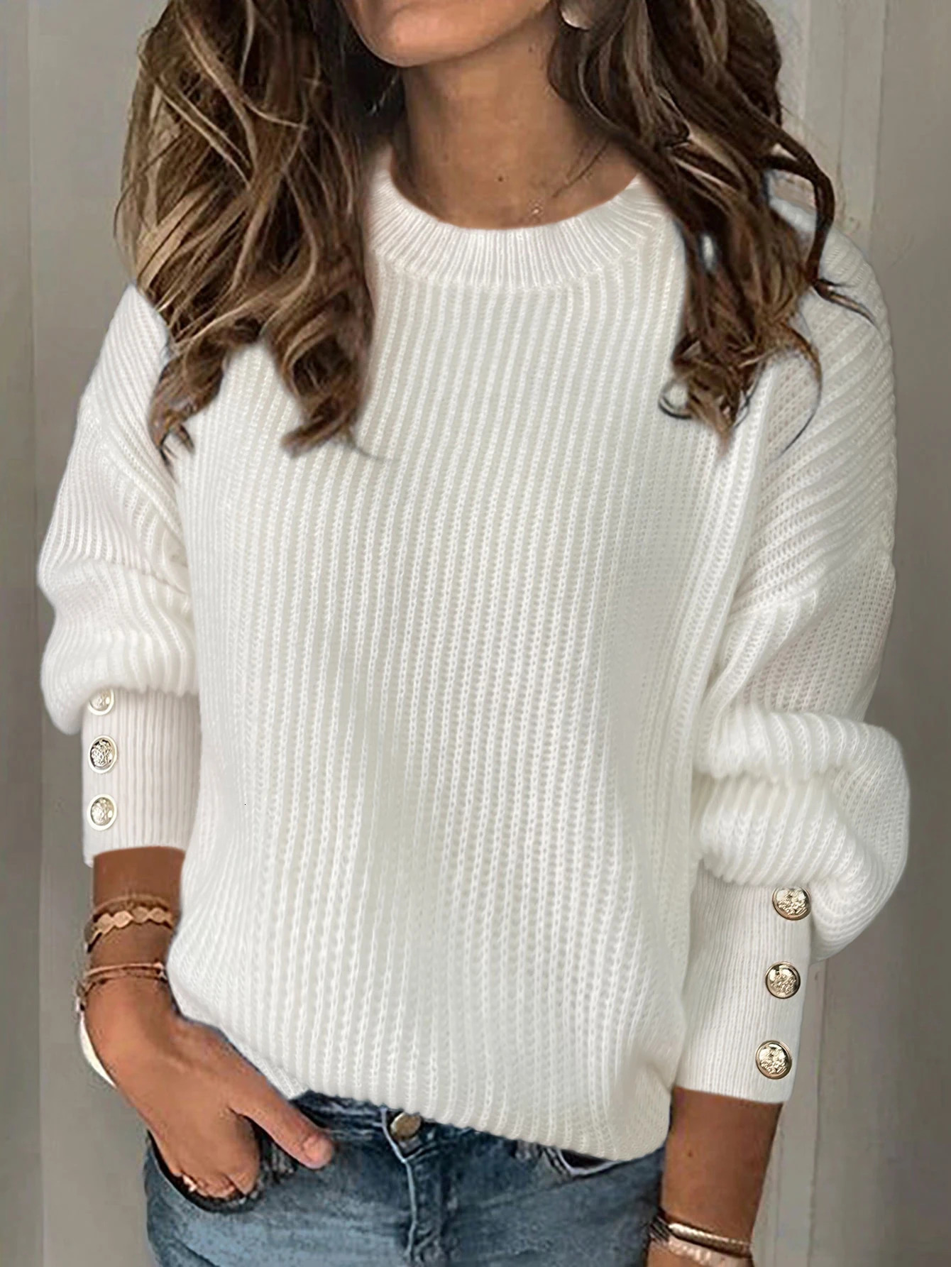 Button knit automatic and winter loose collar with European and American womens sweaters 241019
