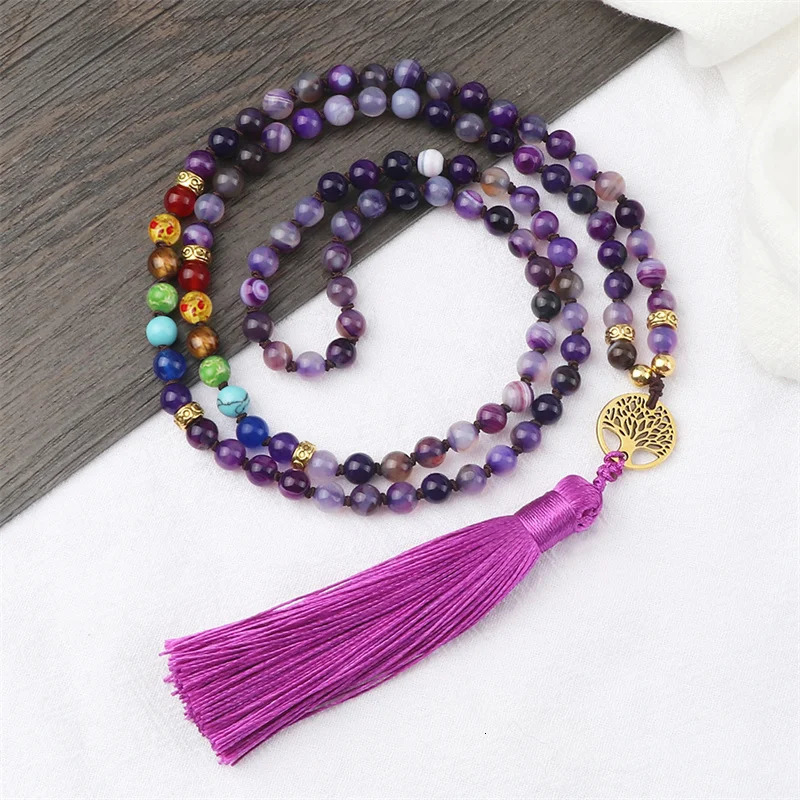 Natural purple agate stone necklace suitable for women 7 chakra spiritual energy 108 Japamala Mala beads tassel long necklace jewelry 241018
