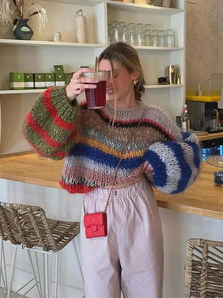 HOUZHOU Colorful Striped Oversized Sweater Women Elegant Mohair Jumpers O-neck Long Puff Sleeves Knitted Pullover Streetwear 241009
