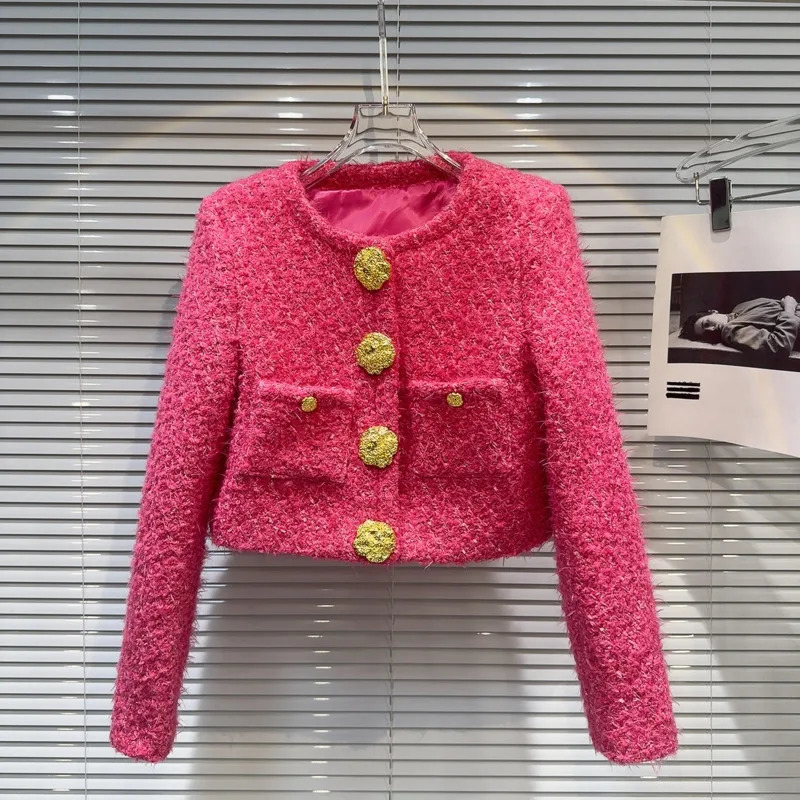 PREPOMP Autumn Arrival Big Gold Buttons Tweed Jacket Rose Pink Short Coat Women GS501 241019